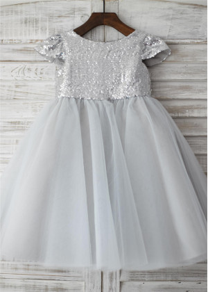 Cap Sleeves Silver Sequin Tulle Wedding Flower Girl Dress